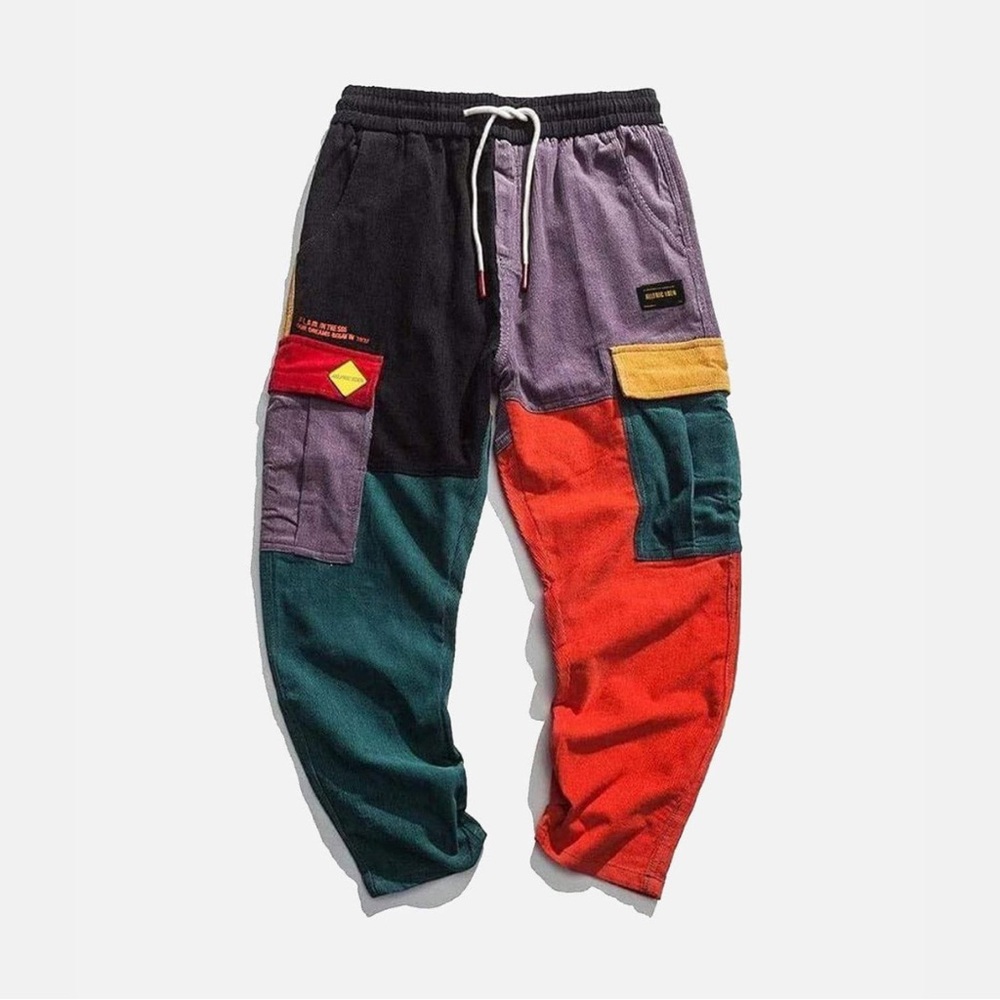 Multi-Colored Cargo, Multi-Pockets, Streetwear Pants with Drawstring